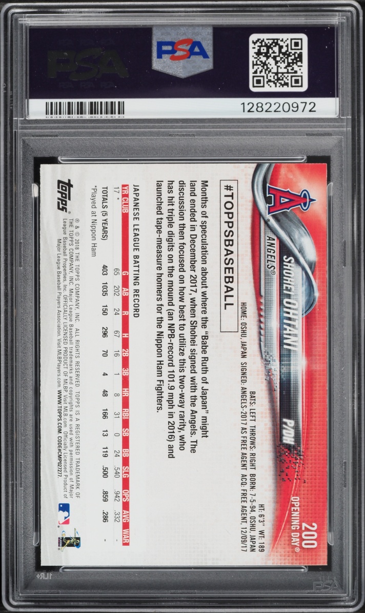 2018 Topps Opening Day Blue Foil Shohei Ohtani ROOKIE #200 PSA 10 GEM MINT