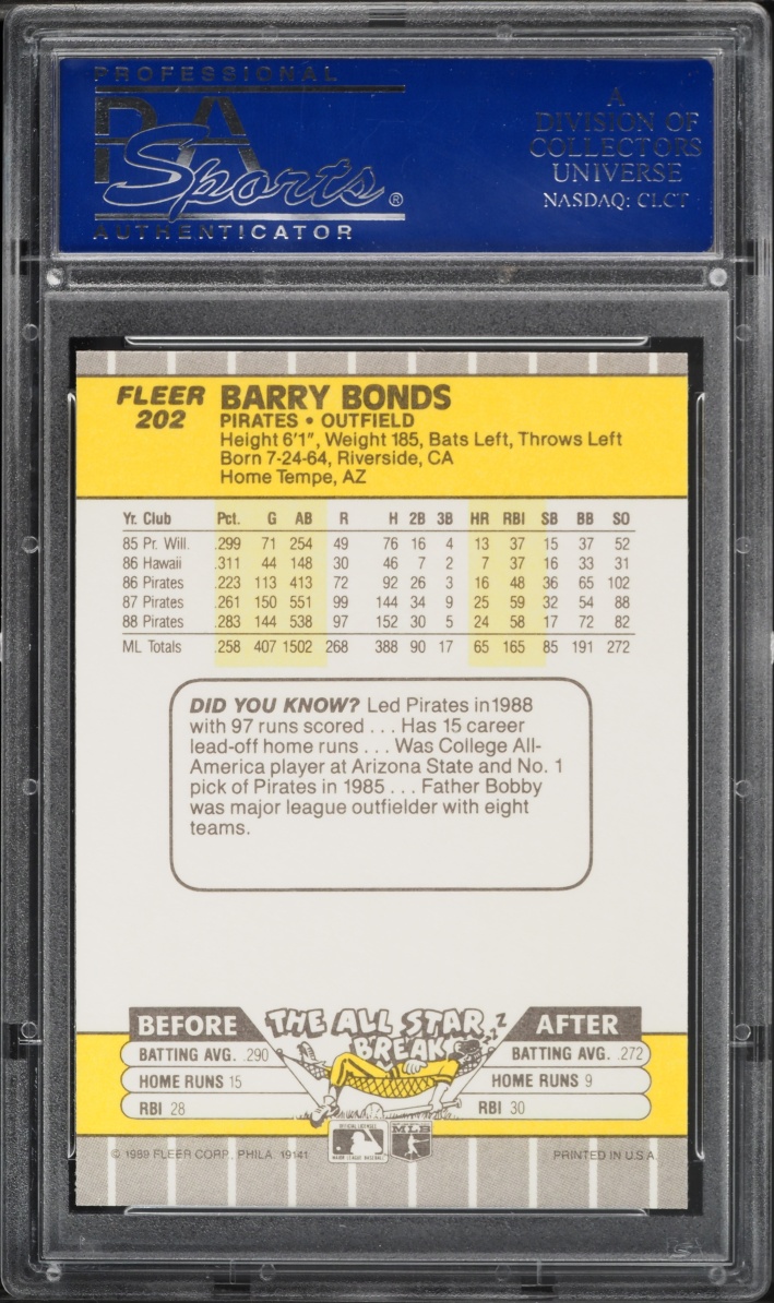 1989 Fleer Barry Bonds #202 PSA 9 MINT