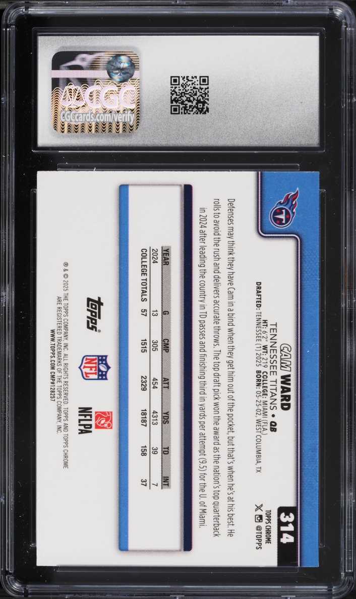 2025 Topps Chrome Pulsar Refractor Cam Ward ROOKIE #314 CGC 9 MINT