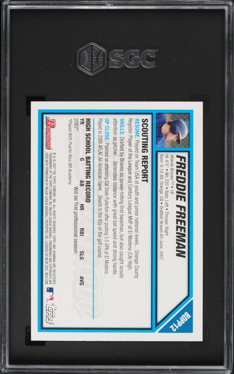 2007 Bowman Draft Picks Freddie Freeman PROSPECT #BDPP12 SGC 9.5 MINT+