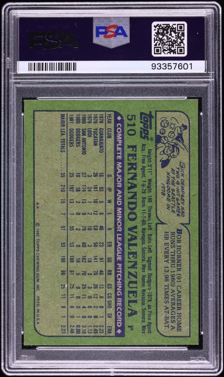 1982 Topps Fernando Valenzuela #510 PSA 9 MINT