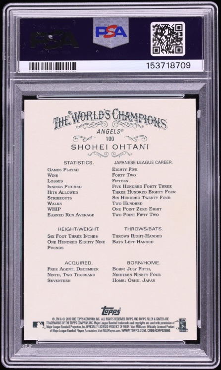 2018 Topps Allen & Ginter Shohei Ohtani ROOKIE #100 PSA 10 GEM MINT