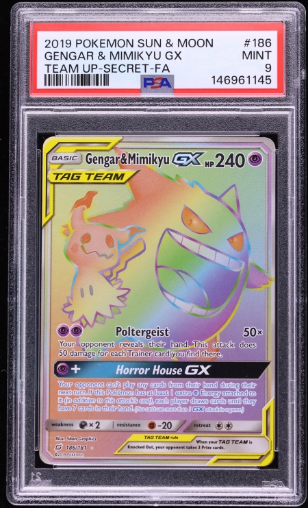 2019 Pokemon Sun & Moon Team Up Rainbow Rare Gengar & Mimikyu GX #186 PSA 9 MINT