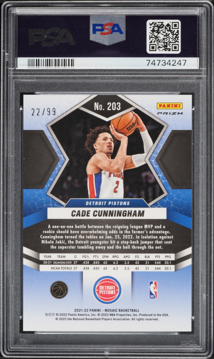 2021 Panini Mosaic Blue Mosaic Cade Cunningham ROOKIE /99 #203 PSA 10 GEM MINT