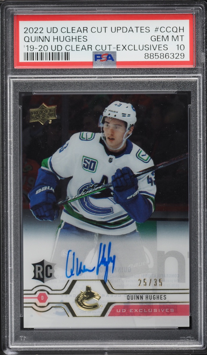 2022 Upper Deck Clear Cut Updates '19 Exclusives Quinn Hughes ROOKIE AUTO /35 PSA 10 GEM MINT