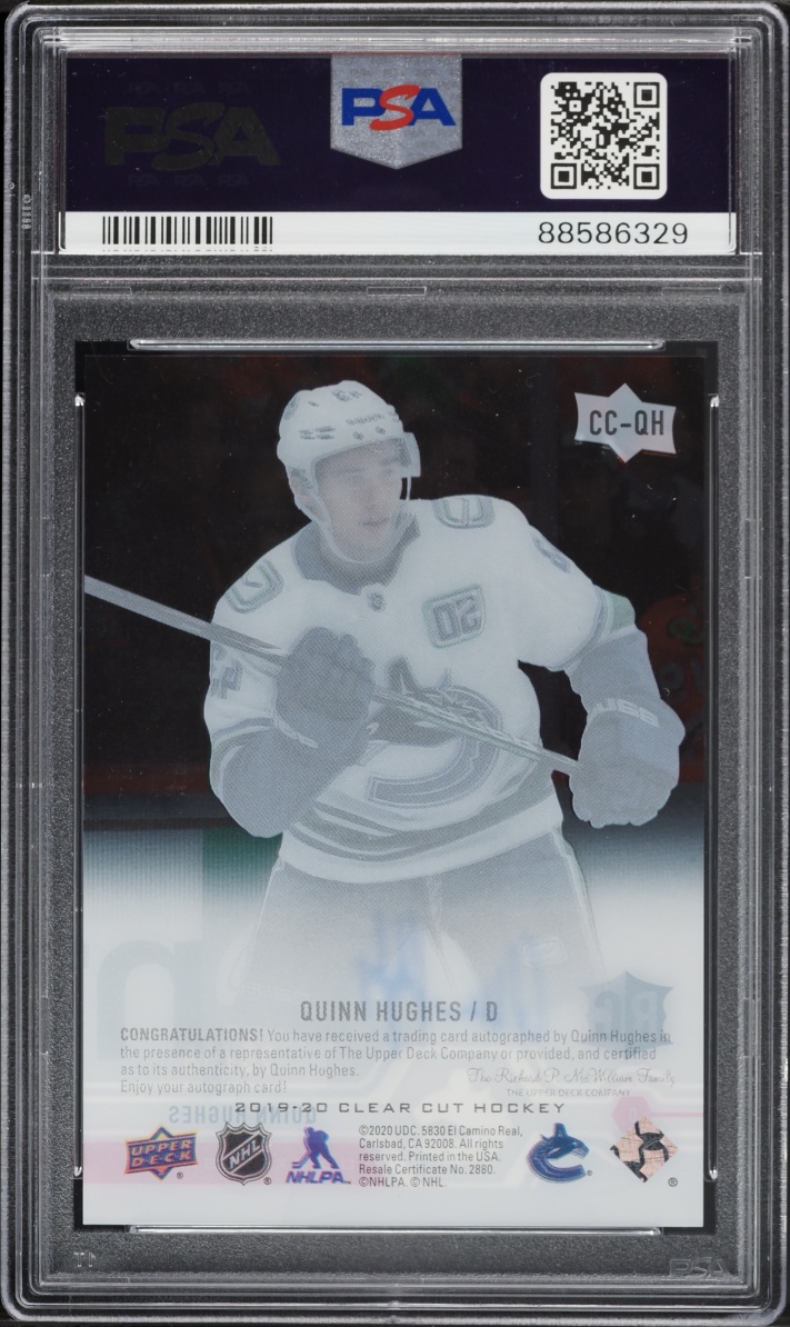 2022 Upper Deck Clear Cut Updates '19 Exclusives Quinn Hughes ROOKIE AUTO /35 PSA 10 GEM MINT