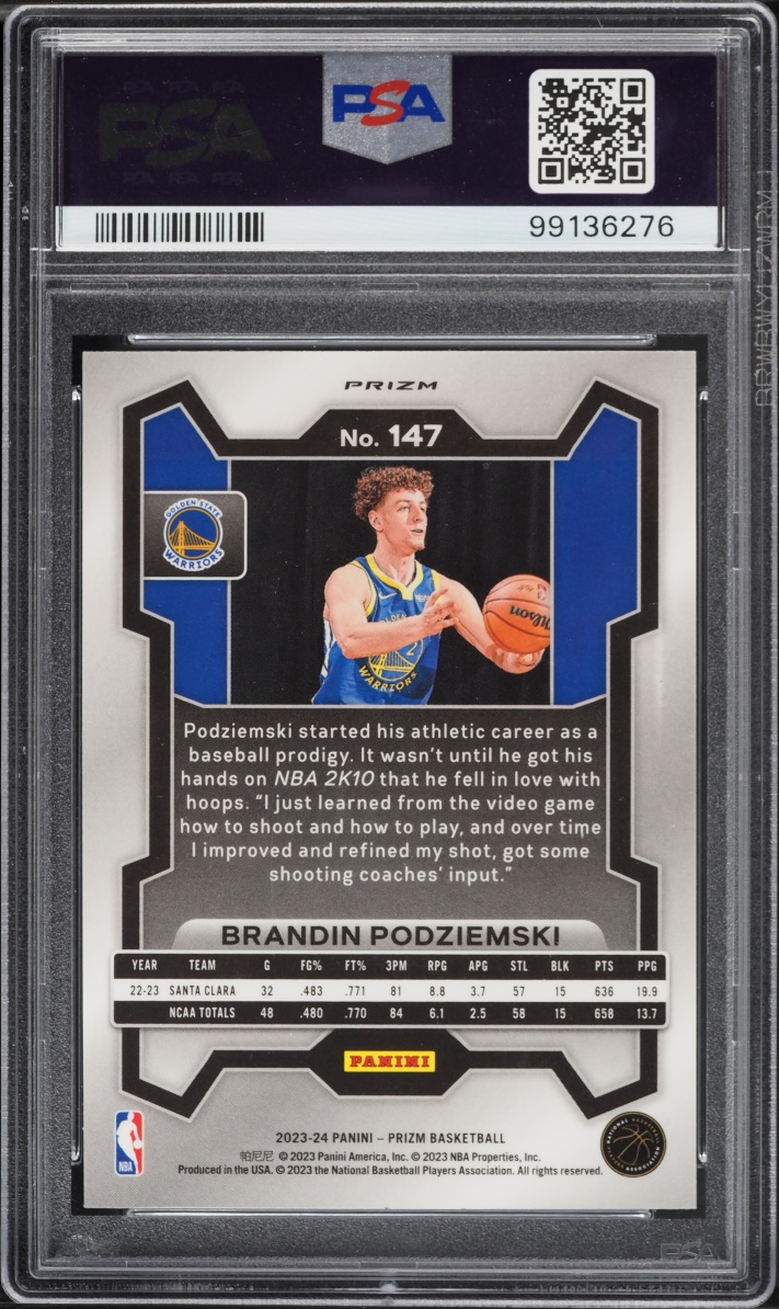 2023 Panini Prizm Silver Brandin Podziemski ROOKIE #147 PSA 10 GEM MINT