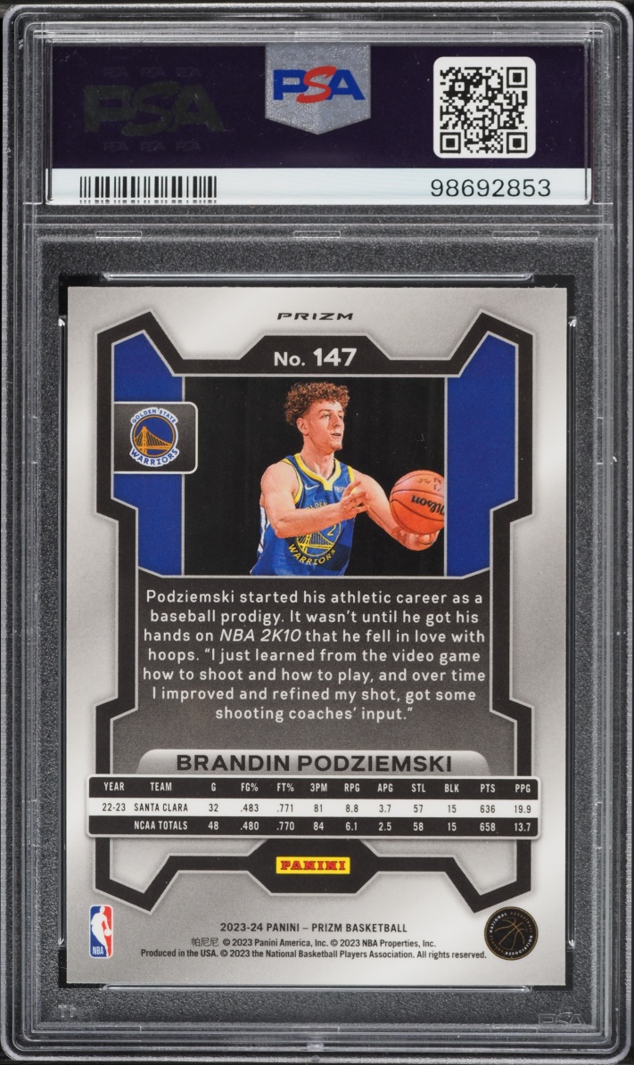 2023 Panini Prizm Silver Brandin Podziemski ROOKIE #147 PSA 10 GEM MINT