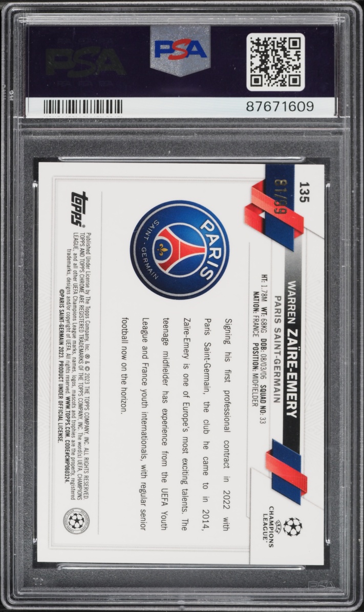 2022 Topps Chrome Sapphire UCC Yellow Warren Zaire-Emery ROOKIE /99 #135 PSA 10 GEM MINT