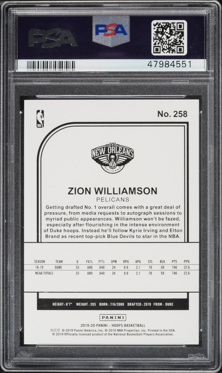 2019 Hoops Zion Williamson ROOKIE #258 PSA 10 GEM MINT