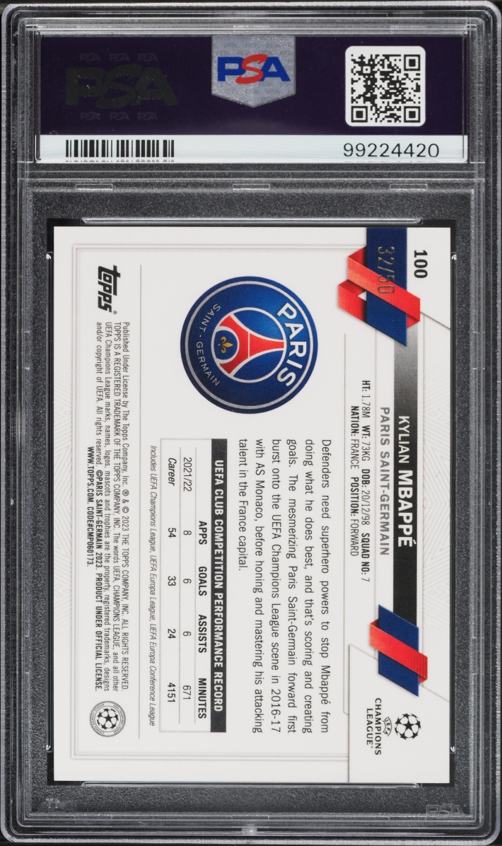 2022 Topps Chrome UEFA Club Competitions Gold Refractor Kylian Mbappe /50 #100 PSA 10 GEM MINT