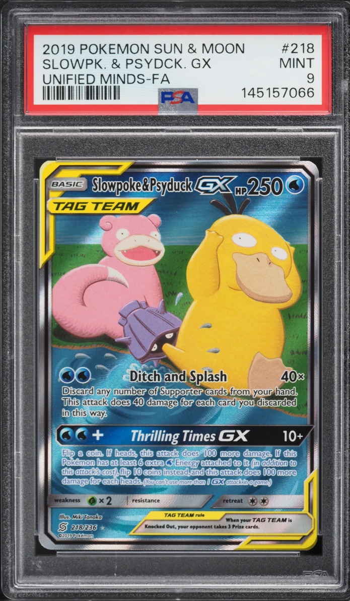 2019 Pokemon Sun & Moon Unified Minds Alt Art Slowpoke & Psyduck GX #218 PSA 9 MINT