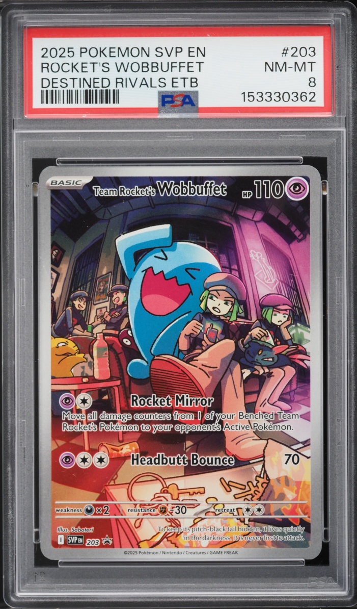 2025 Pokemon SV Promo Destined Rivals ETB Alt Art Team Rocket's Wobbuffet #203 PSA 8 NM-MT