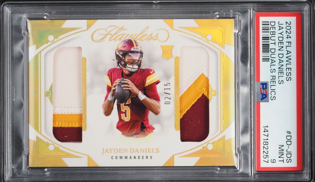 2024 Panini Flawless Debut Duals Jayden Daniels ROOKIE PATCH /15 #DD-JDS PSA 9 MINT