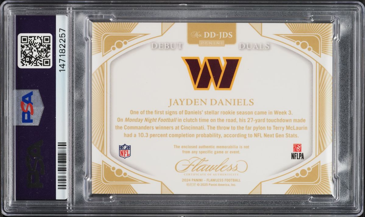 2024 Panini Flawless Debut Duals Jayden Daniels ROOKIE PATCH /15 #DD-JDS PSA 9 MINT