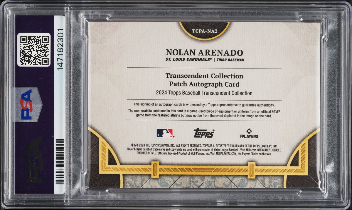 2024 Topps Transcendent Collection Platinum Nolan Arenado PATCH AUTO 1/1 #NA2 PSA 8 NM-MT
