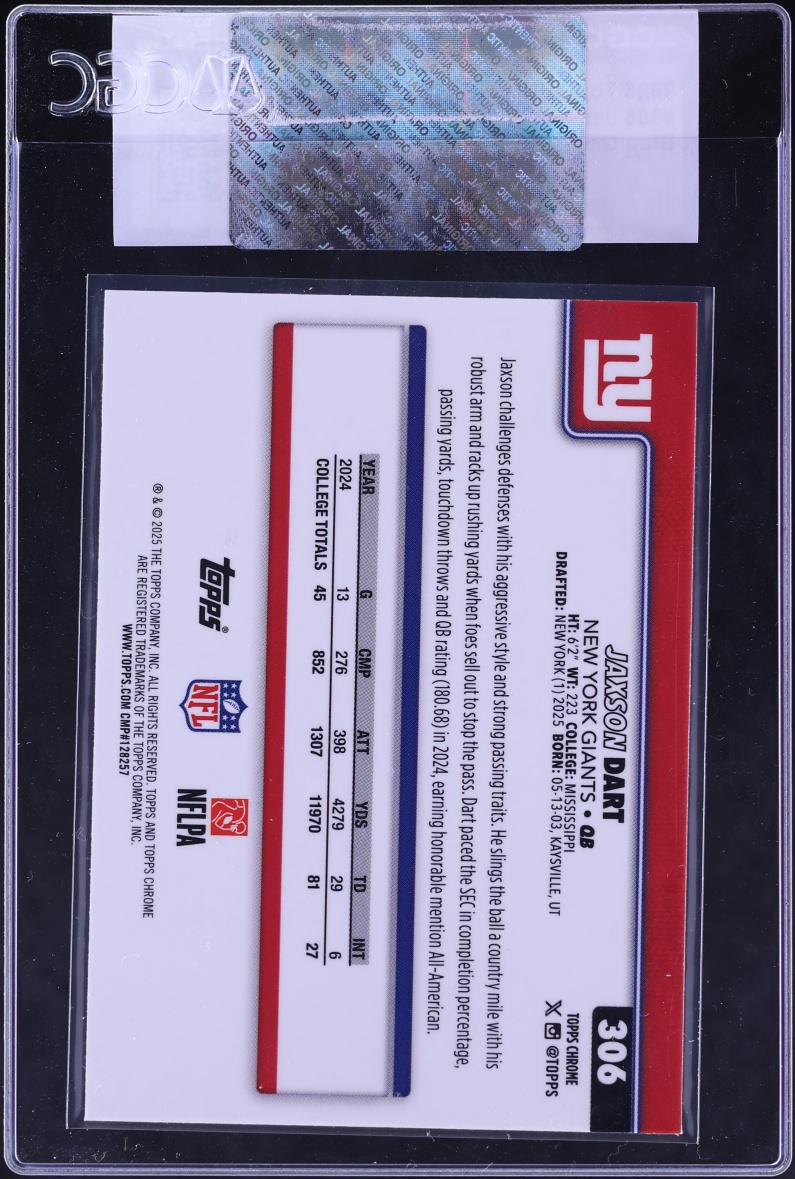 2025 Topps Chrome Blue Geometric Refractor Jaxson Dart ROOKIE /150 #306 CGC AUTH