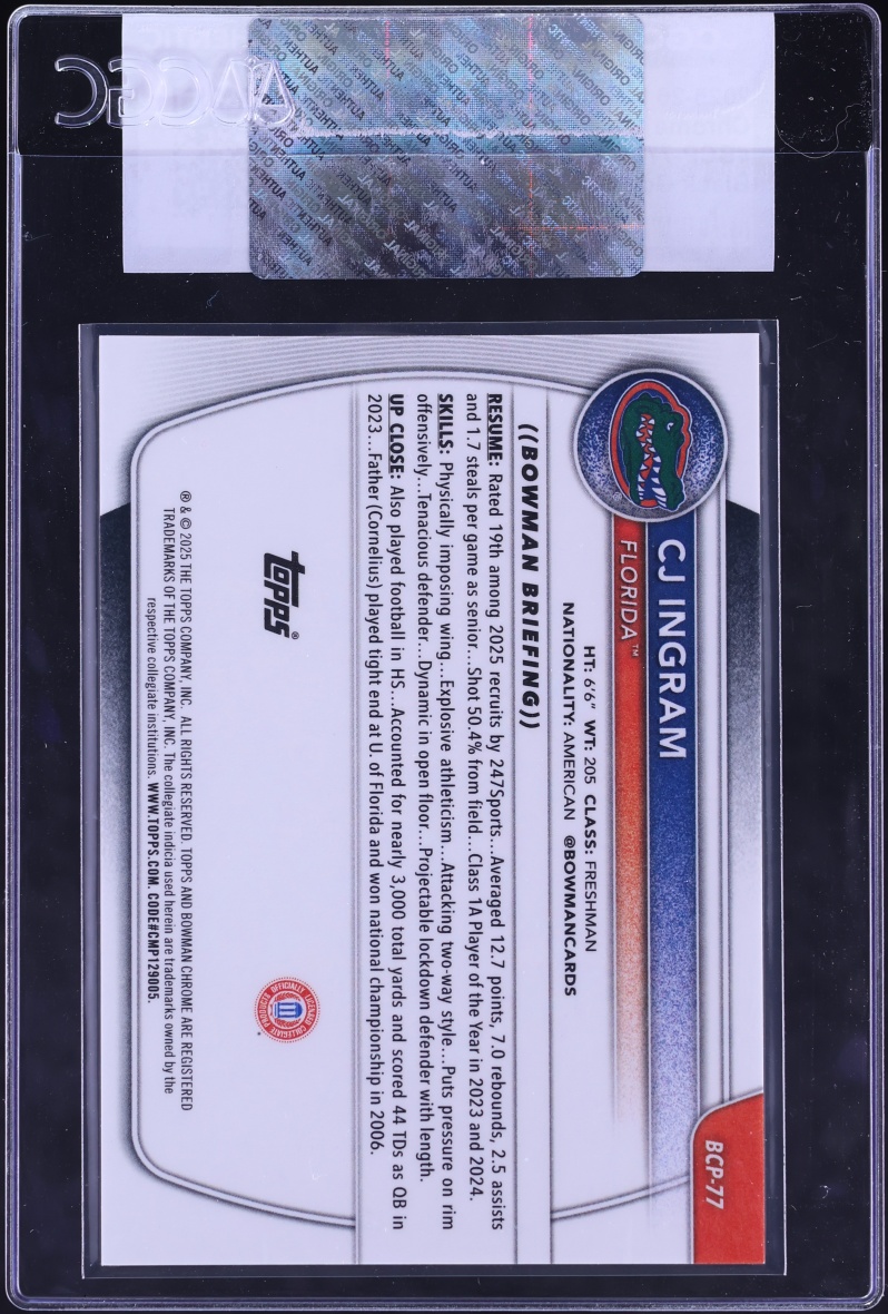 2025 Bowman Chrome University Prospect Black Geometric Refractor CJ Ingram /10 #BCP-77 CGC AUTH