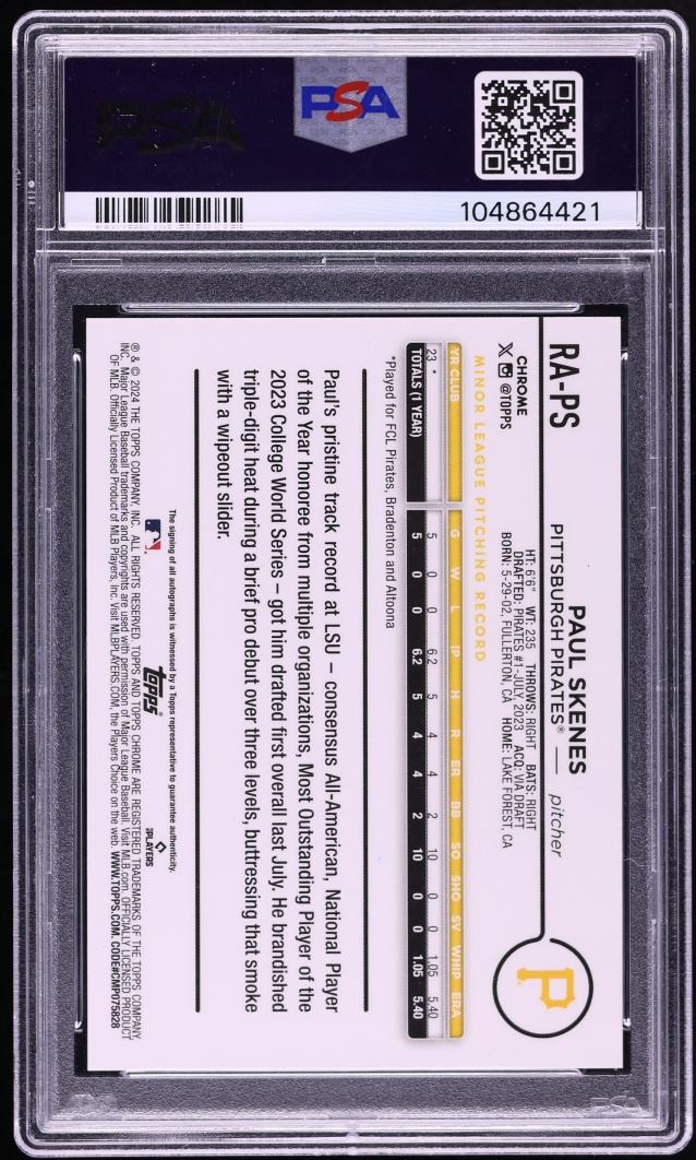 2024 Topps Chrome Update Blue RayWave Refractor Paul Skenes ROOKIE AUTO /150 #RAPS PSA 9 MINT