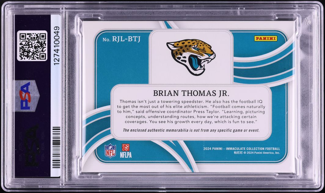 2024 Immaculate Collection Jumbo Insignia Brian Thomas Jr. ROOKIE NIKE TAG PATCH #RJL-BTJ PSA 9