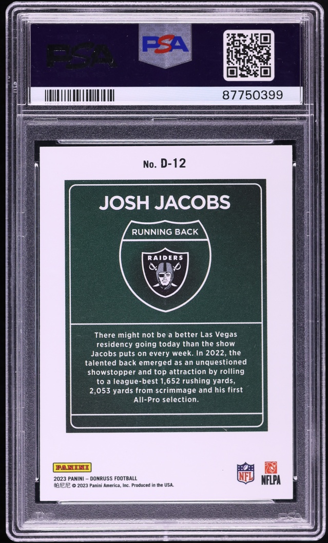 2023 Donruss Downtown Josh Jacobs #D-12 PSA 10 GEM MINT