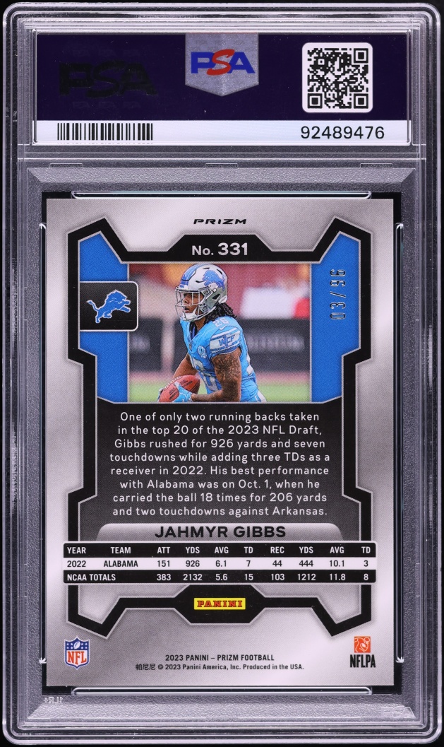 2023 Panini Prizm Blue Sparkle Jahmyr Gibbs /96 #331 PSA 10 GEM MINT