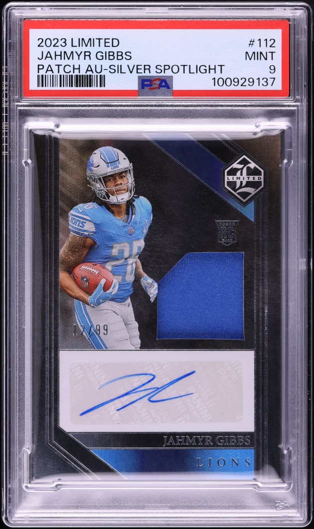 2023 Panini Limited Silver Spotlight Jahmyr Gibbs ROOKIE PATCH AUTO /99 #112 PSA 9 MINT