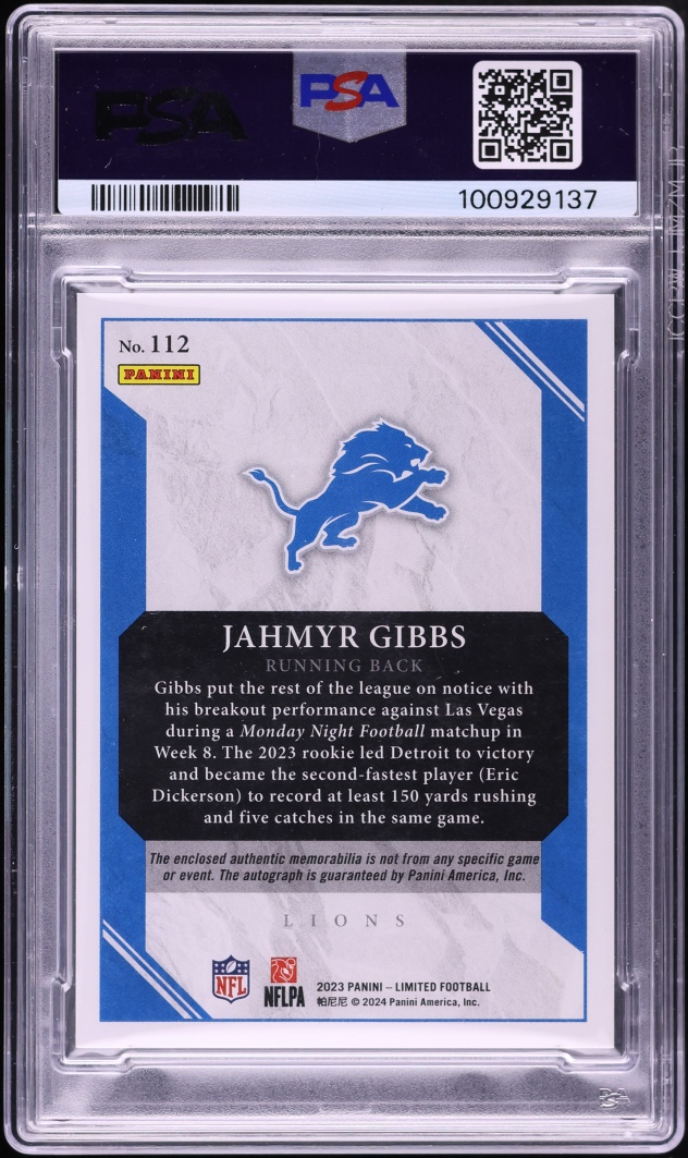 2023 Panini Limited Silver Spotlight Jahmyr Gibbs ROOKIE PATCH AUTO /99 #112 PSA 9 MINT