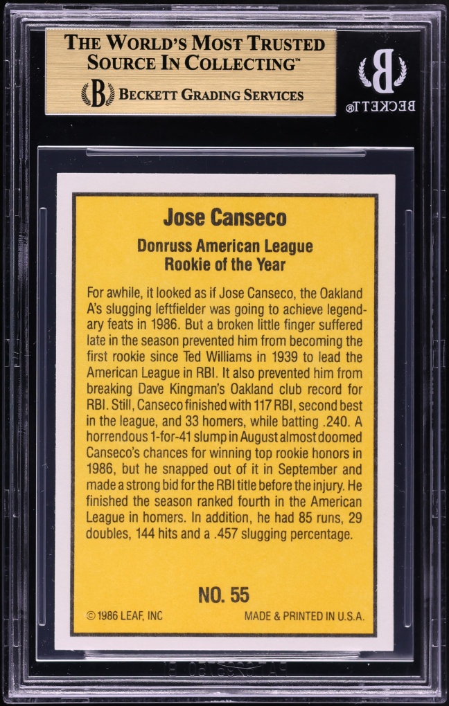1986 Donruss Highlights Jose Canseco ROOKIE #55 BGS 9.5 GEM MINT