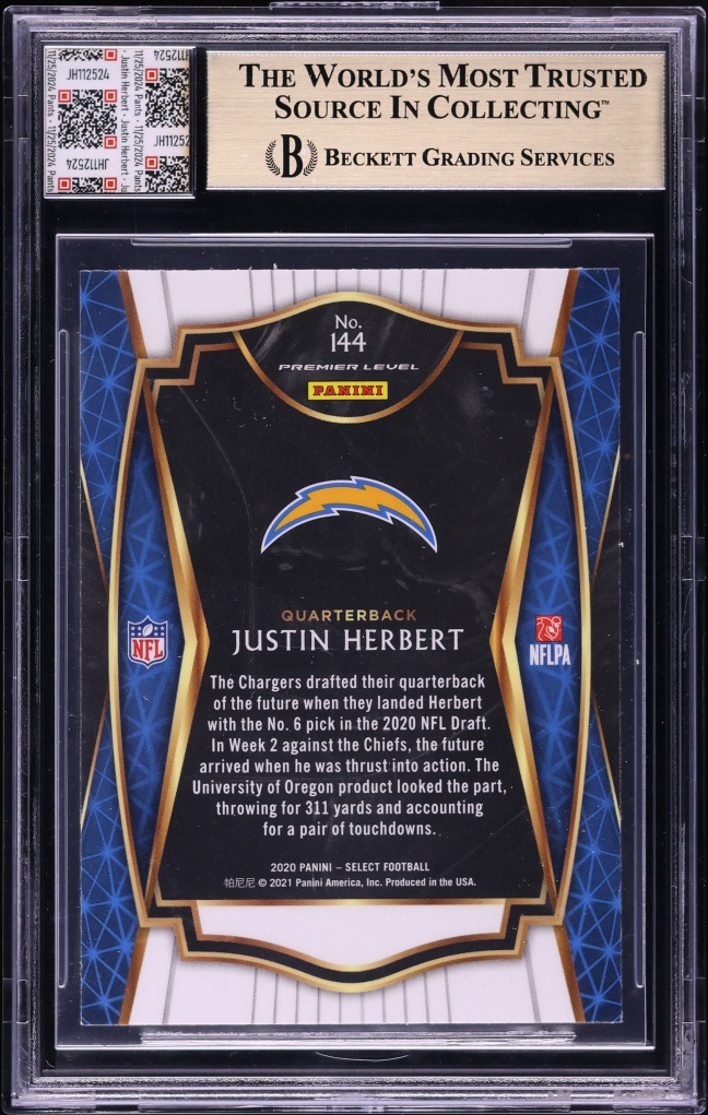 2020 Select Premier Level Jersey Fusion Justin Herbert ROOKIE AUTO PATCH #144 BAS BGS 9.5 GEM