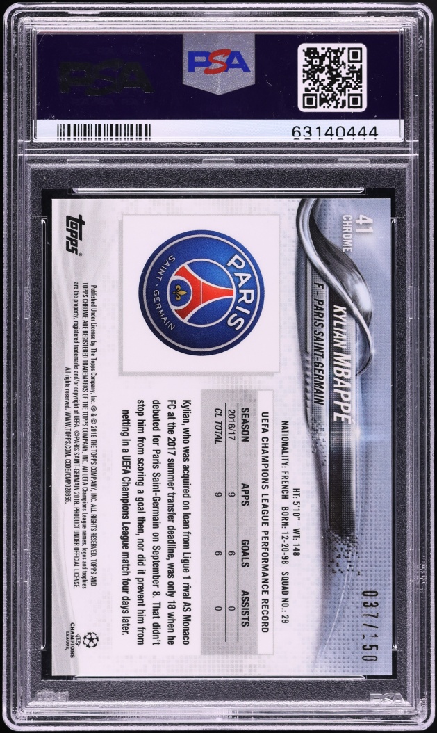 2017 Topps Chrome UEFA Blue Refractor Kylian Mbappe ROOKIE /150 #41 PSA 10 GEM MINT