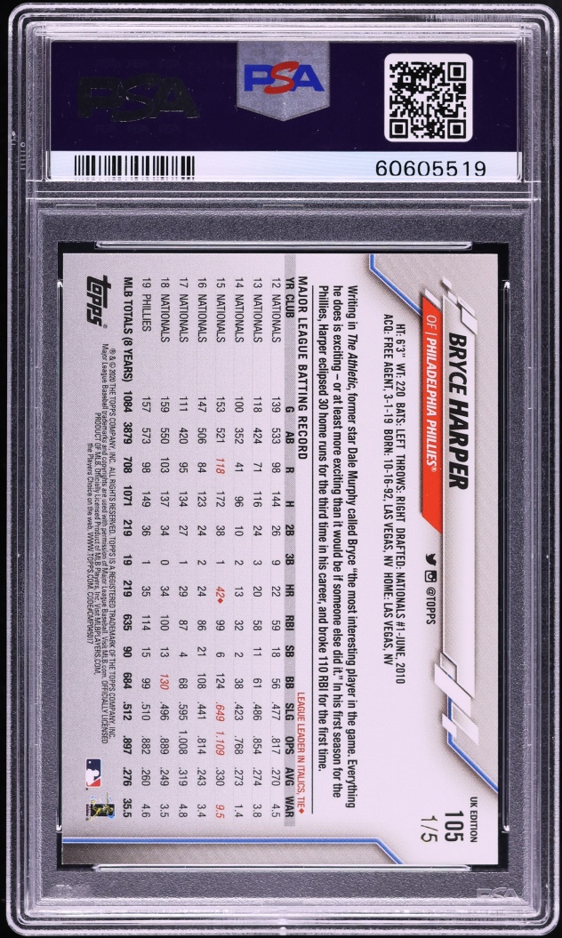2020 Topps UK Edition Red Bryce Harper 1/5 #105 PSA 9 MINT