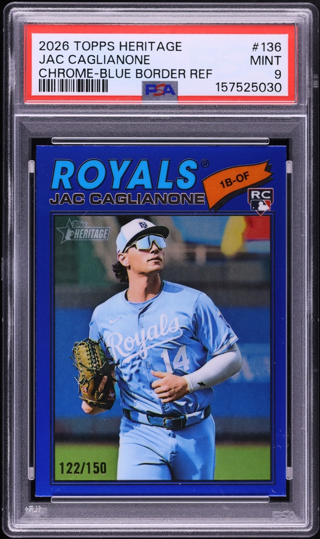 2026 Topps Heritage Chrome Blue Border Refractor Jac Caglianone ROOKIE /150 #136 PSA 9 MINT