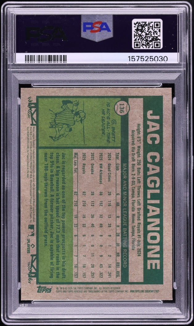 2026 Topps Heritage Chrome Blue Border Refractor Jac Caglianone ROOKIE /150 #136 PSA 9 MINT