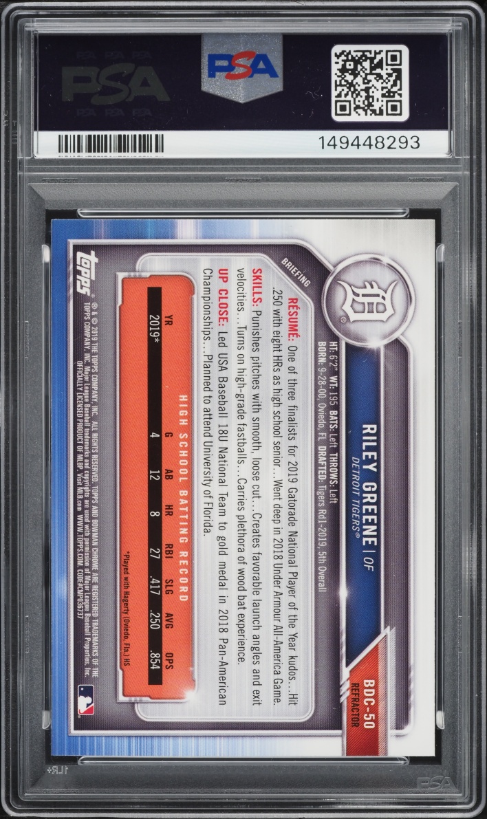 2019 Bowman Draft Chrome Refractor Riley Greene PROSPECT #BDC-50 PSA 10 GEM MINT