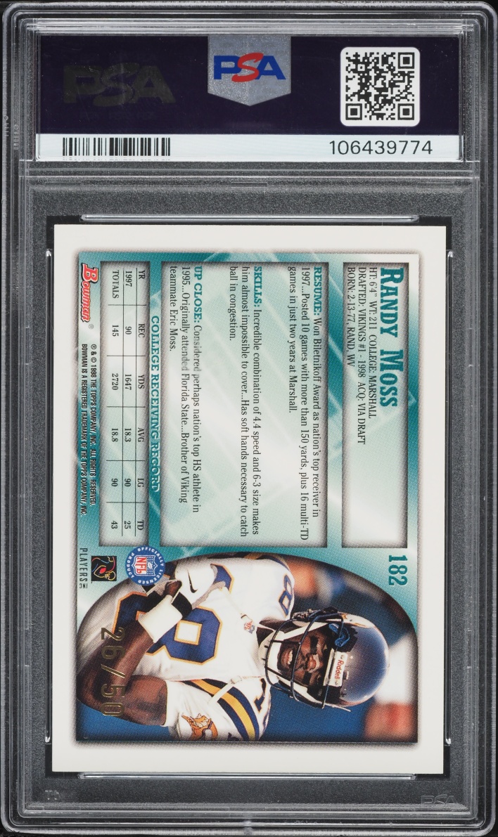 1998 Bowman Golden Anniversary Randy Moss ROOKIE /50 #182 PSA 9 MINT