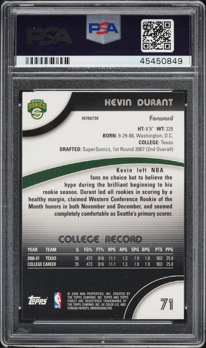 2007 Finest Refractor Kevin Durant ROOKIE #71 PSA 10 GEM MINT