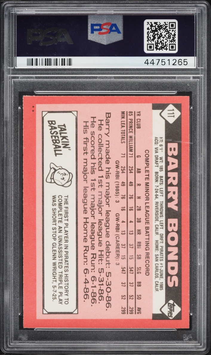 1986 Topps Traded Barry Bonds ROOKIE #11T PSA 10 GEM MINT