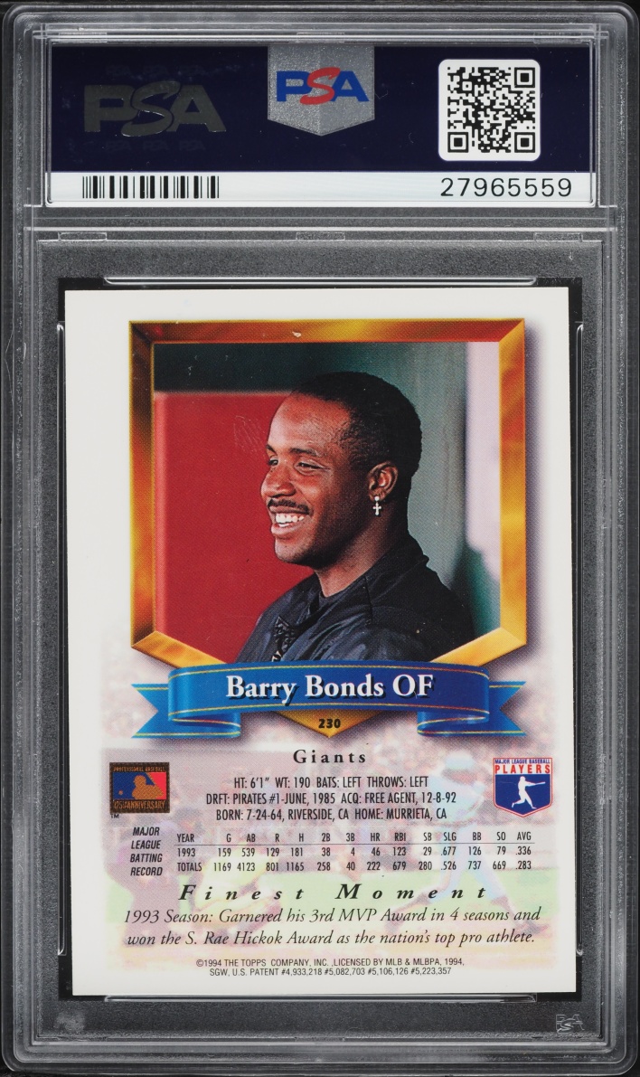 1994 Finest Refractor Barry Bonds #230 PSA 9 MINT