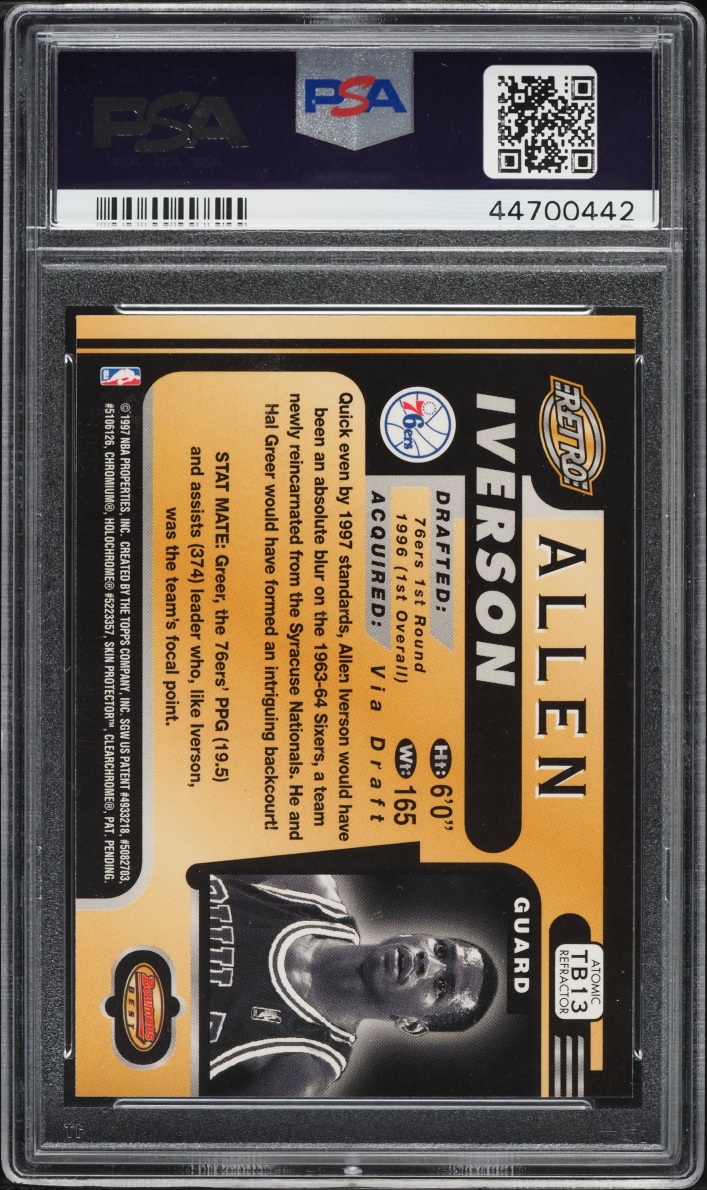 1996 Bowman's Best Retro Atomic Refractor Allen Iverson #TB13 PSA 10 GEM MINT