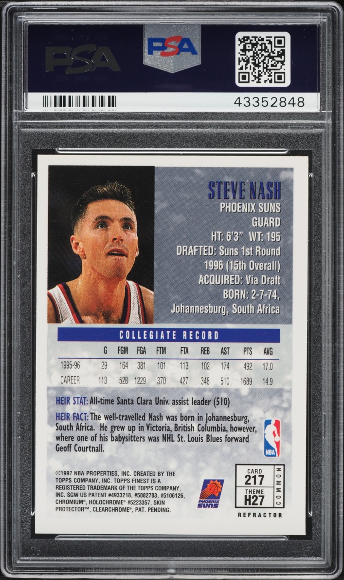 1996 Finest Refractor Steve Nash ROOKIE #217 PSA 9 MINT