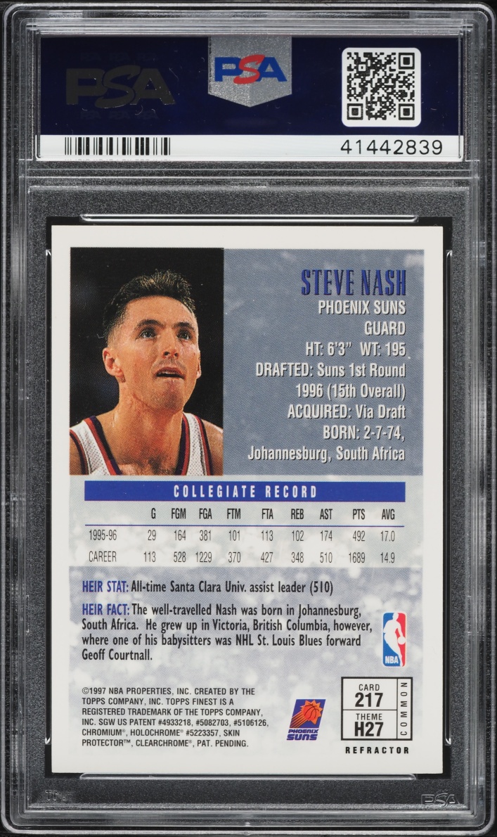 1996 Finest Refractor Steve Nash ROOKIE #217 PSA 9 MINT