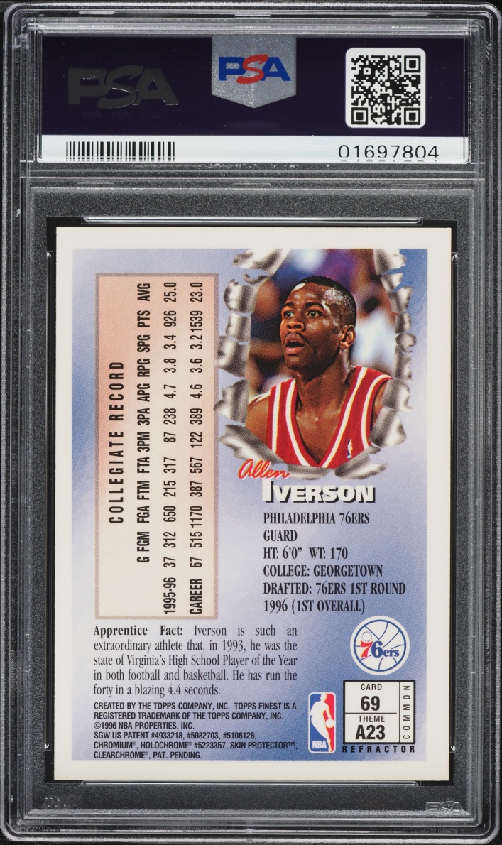 1996 Finest Refractor Allen Iverson ROOKIE #69 PSA 9 MINT