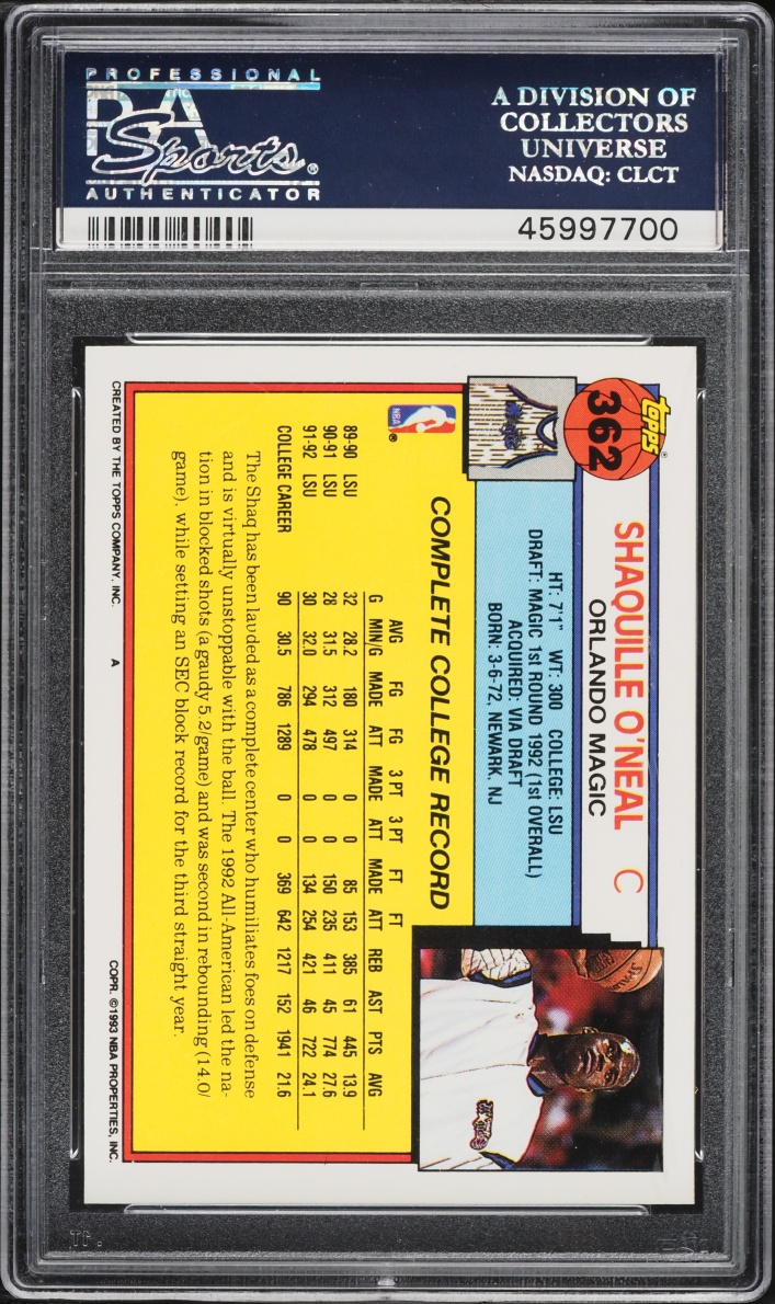 1992 Topps Basketball Shaquille O'Neal ROOKIE #362 PSA 10 GEM MINT