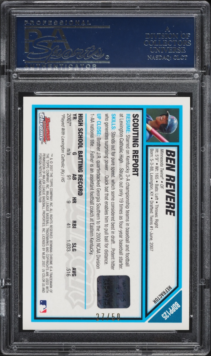 2007 Bowman Chrome Draft Picks & Prospects Gold Refractor Ben Revere PROSPECT AUTO /50 PSA 9