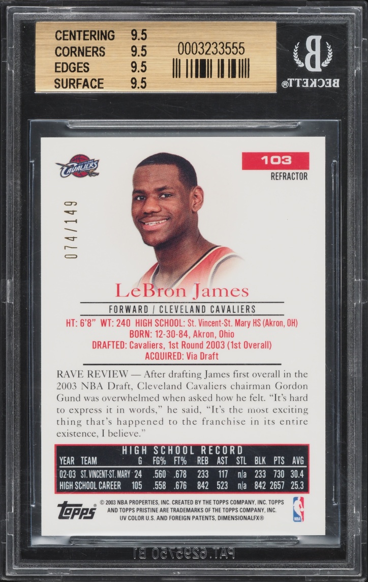 2003 Topps Pristine Refractor LeBron James ROOKIE /149 #103 BGS 9.5 GEM MINT