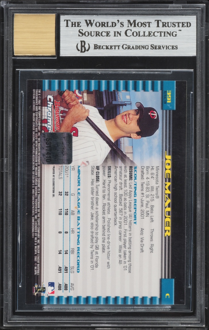 2002 Bowman Chrome Refractor Joe Mauer PROSPECT AUTO #391 BGS 9 MINT