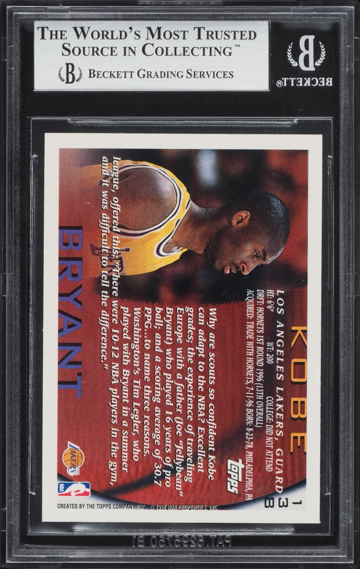 1996 Topps NBA 50th Kobe Bryant ROOKIE #138 BGS 9 MINT