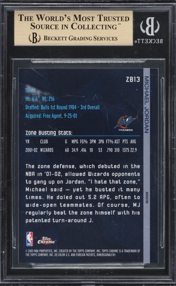 2002 Topps Chrome Zone Busters Refractor Michael Jordan #ZB13 BGS 9.5 GEM MINT