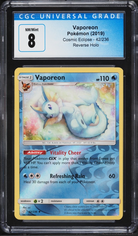 2019 Pokemon Cosmic Eclipse Reverse Holo Vaporeon #42 CGC 8 NM-MT